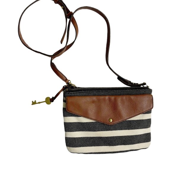 Fossil Devon Stripe Small Crossbody Purse Multi black & cream leather - Picture 1 of 7